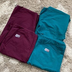 Scrubs. Hunter green and maroon. Unisex Size S. $38 for both top/bottom sets.